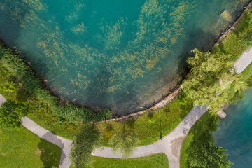 Aerial view of Inseli Lungern on lake Lungern, Switzerland