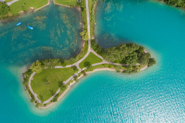 Aerial view of Inseli Lungern on lake Lungern, Switzerland
