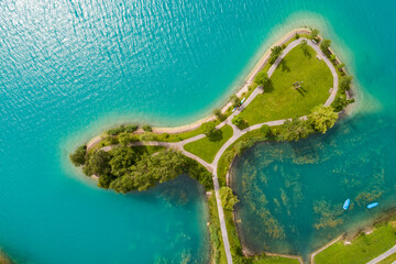 Aerial view of Inseli Lungern on lake Lungern, Switzerland