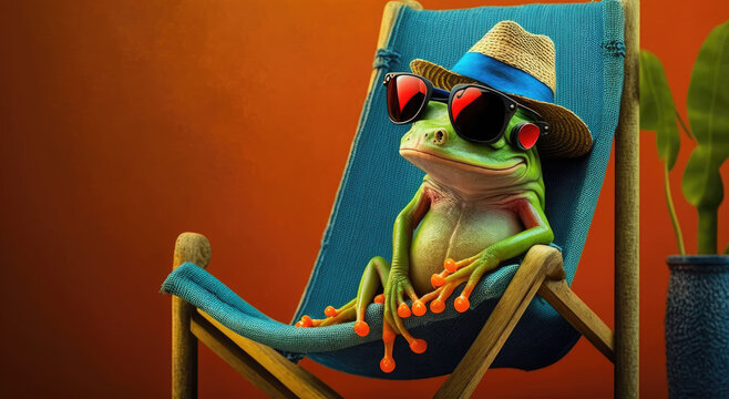 frog wearing sunglasses and hat sitting on a chair, pet influencer concept, generative ai illustration with copy space on orange background