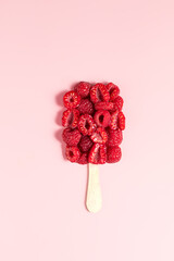 Healthy ice cream from fresh raspberries on pink background