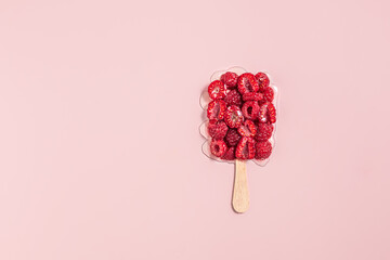 Raspberry ice cream on stick with honey. Healthy summer concept.