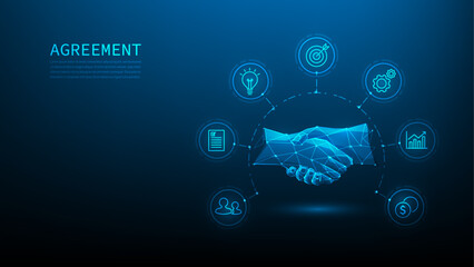 hand agreement contract technology with icon on blue background. handshake business connection low poly wireframe. vector illustration fantastic design.