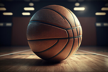 Basketball on hardwood court floor with sport lighting. Generative AI.