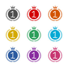 Number one quality with crown icon isolated on white background. Set icons colorful
