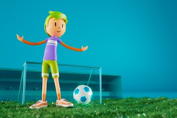 3D boy character football player in soccer action. 3d illustration. sports background concept. men kick motion. sports action person. graphic wallpaper. cartoon game soccer. creative poster layout