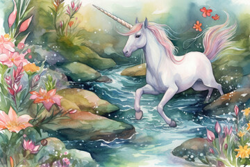 Obraz na płótnie Canvas Illustrate a watercolor scene of a unicorn playing in a sparkling stream, surrounded by colorful wildflowers and dragonflies