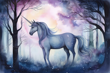 Naklejka na ściany i meble Design a watercolor image of a unicorn standing in a moonlit forest, with its horn glowing softly and the trees painted in shades of blue and purple