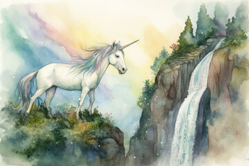 Illustrate a watercolor scene of a unicorn standing on the edge of a cliff, with a majestic waterfall cascading down into the valley below
