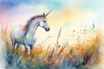 Naklejka na ściany i meble Paint a watercolor image of a unicorn standing in a field of tall grass, with a gentle breeze blowing and a flock of birds flying overhead