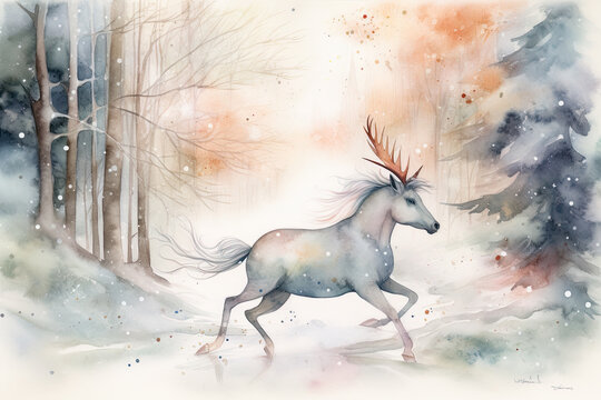 Draw a watercolor image of a unicorn running through a snow-covered forest, with the snowflakes painted in soft, muted colors © sukumarbd4