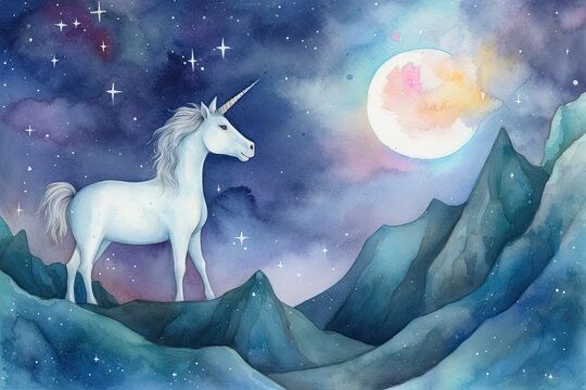 a watercolor painting of a unicorn standing on a mountaintop, with a starry sky and a full moon in the background