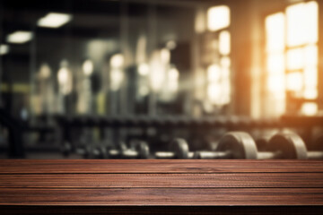 Blurred background of fitness gym and wooden table free space for product display