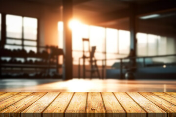 Blurred background of fitness gym and wooden table free space for product display