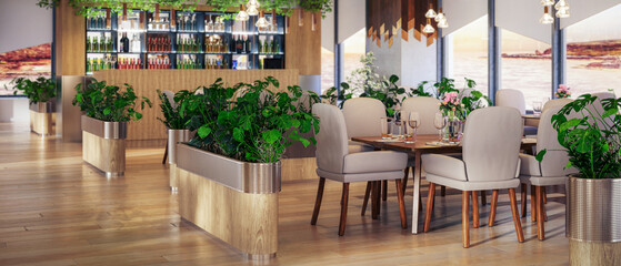 Modern Restaurant in Sustainable Interior Design - panoramic 3D Visualization (depht of field)