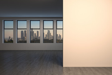 Downtown Los Angeles City Skyline Buildings from High Rise Window. Beautiful Expensive Real Estate overlooking. Empty room Interior. Mockup wall. Skyscrapers. Sunset. California. 3d rendering.