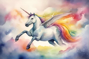 Wandcirkels Eenhoorn Illustrate a watercolor scene of a unicorn exploring a magical cave, with glowing crystals and mysterious creatures in the shadows, Generative Ai  © sukumarbd4