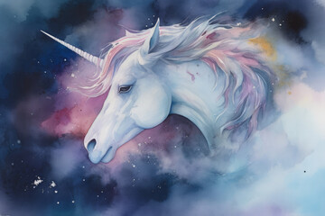 Obraz na płótnie Canvas Paint a watercolor portrait of a unicorn with a flowing mane and tail, surrounded by a misty veil of clouds, with a full moon in the background, Generative Ai