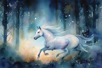 Naklejka na ściany i meble Design a watercolor image of a unicorn running through a mystical forest filled with twinkling fireflies