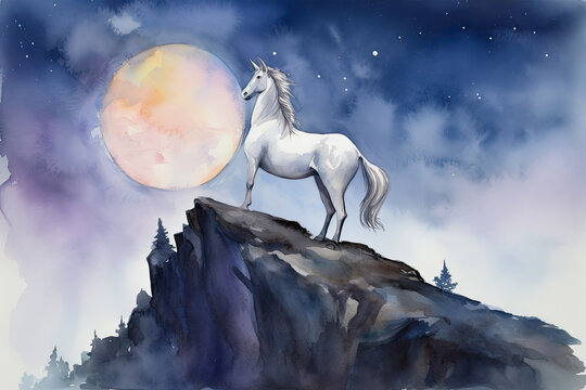Paint a watercolor picture of a unicorn gazing at a full moon while standing on a rocky mountaintop