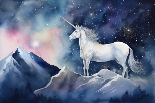 Paint a watercolor picture of a unicorn standing on a mountaintop covered in snow, with a starry sky in the background, Generative Ai