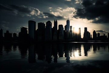 Fototapeta na wymiar Silhouette of NYC skyline with iconic buildings. Urban landscape showcasing American landmarks. Generative AI