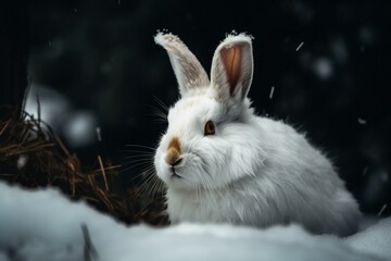 A rabbit with white fur in the snow. Generative AI