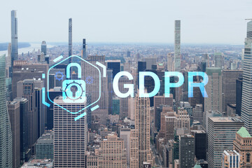 Fototapeta na wymiar Aerial panoramic city view of Upper Manhattan and Central Park, New York city, USA. Iconic skyscrapers of NYC. GDPR hologram, concept of data protection regulation and privacy for all individuals