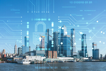 New York City skyline from New Jersey over the Hudson River towards the Hudson Yards at day. Manhattan, Midtown. The concept of cyber security to protect confidential information, padlock hologram