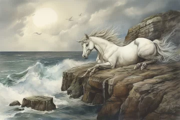 Wandcirkels Eenhoorn a watercolor scene of a unicorn swimming gracefully through an underwater garden of colorful coral, surrounded by schools, Generative Ai  © sukumarbd4