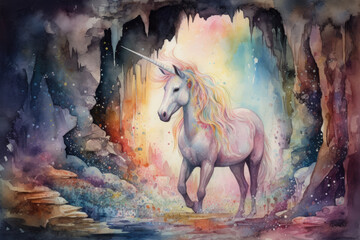 Naklejka na ściany i meble Paint a watercolor scene of a majestic unicorn standing at the entrance of a cave, with a sense of curiosity and wonder in its eyes, Generative Ai