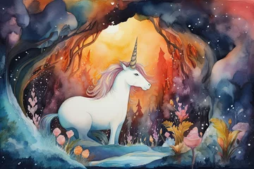 Fototapete Pony Paint a watercolor scene of a unicorn exploring a mysterious underwater cave, with vibrant coral and sea creatures surrounding it, Generative Ai  © sukumarbd4