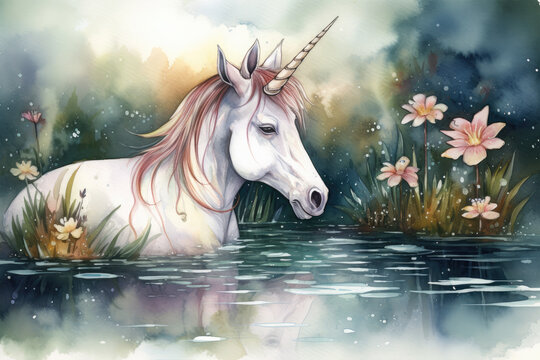 Illustrate a watercolor painting of a unicorn leaping over a crystal-clear stream in the middle of a wildflower, Generative Ai