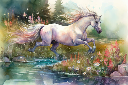 Paint a watercolor portrait of a unicorn nuzzling its nose against a baby animal, such as a fawn or a rabbit, with a gorgeous, Generative Ai