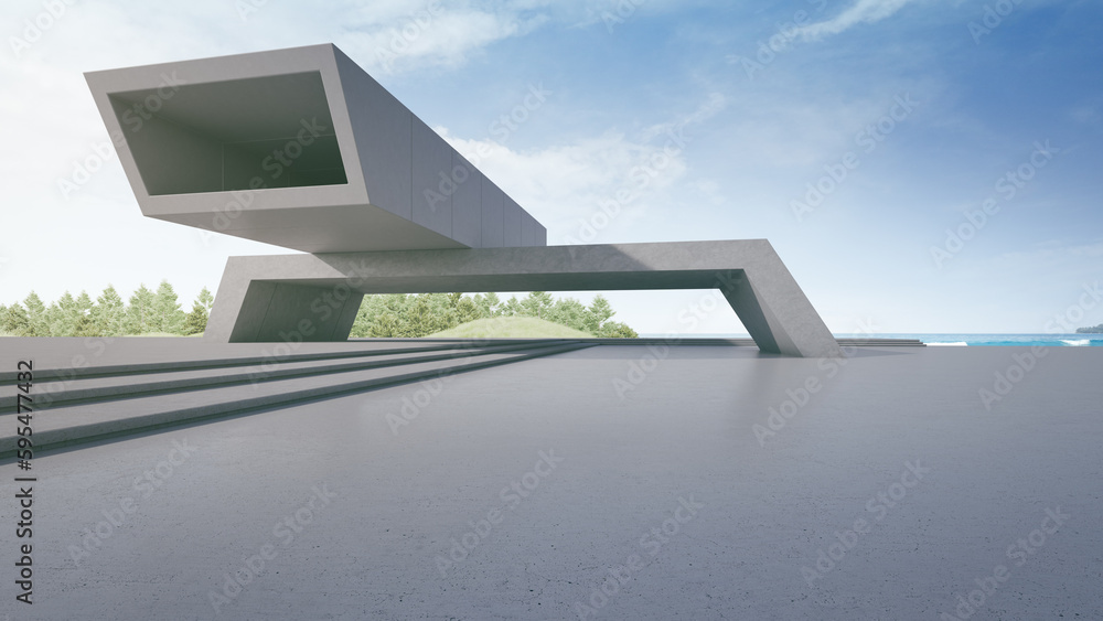 Poster abstract architecture design of modern building. empty parking area concrete floor with beach and bl