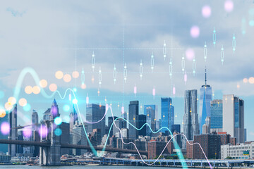 Fototapeta na wymiar Brooklyn bridge with New York City Manhattan, financial downtown skyline panorama at day time over East River. Forex graph hologram. The concept of internet trading, brokerage and fundamental analysis