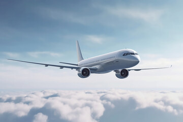 Fototapeta premium Modern airplane is flying over low clouds. Landscape with passenger airplane, Passenger aircraft. Business travel. generated by AI.