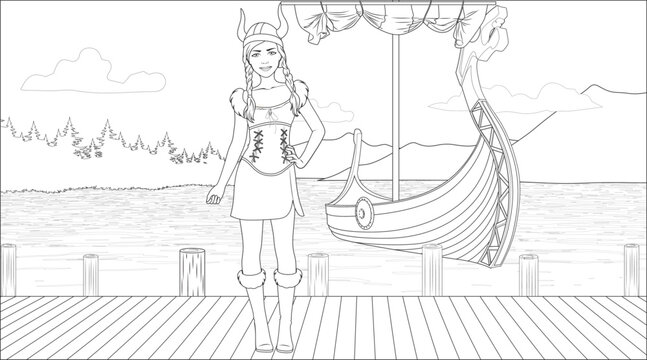 Viking Girl Coloring Page with a Ship Background in the Sea. Vector Illustration