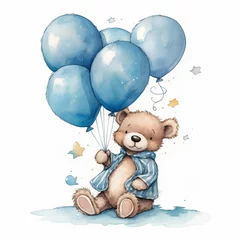 Fotobehang teddy bear with blue ballons for announcing the gender of a newborn © Gabriel