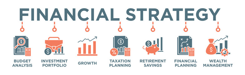 Financial strategy banner web icon vector illustration concept with icon of budget analysis, investment portfolio, growth, taxation planning,retirement savings, financial planning, wealth management 