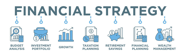 Financial strategy banner web icon vector illustration concept with icon of budget analysis, investment portfolio, growth, taxation planning,retirement savings, financial planning, wealth management 