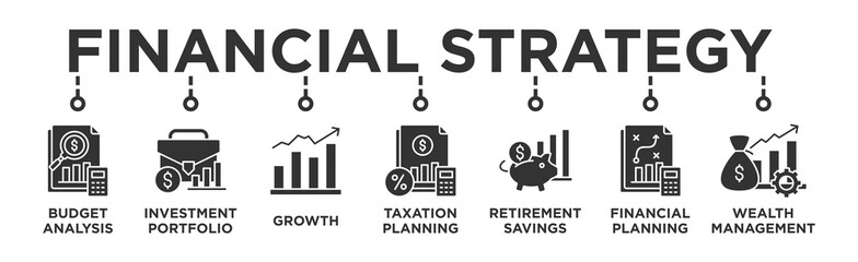 Financial strategy banner web icon vector illustration concept with icon of budget analysis, investment portfolio, growth, taxation planning,retirement savings, financial planning, wealth management 