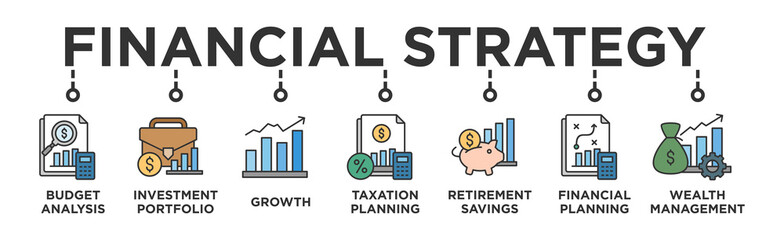 Financial strategy banner web icon vector illustration concept with icon of budget analysis, investment portfolio, growth, taxation planning,retirement savings, financial planning, wealth management 