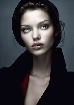 Hazel Eyes Alluring Color Portrait Woman Wearing Black Coat Red Shirt Beauty Retouch Ultra High Face Symmetry Large Lips Angelina Anorexic Figure Grey Colored Human Female, Generative Ai