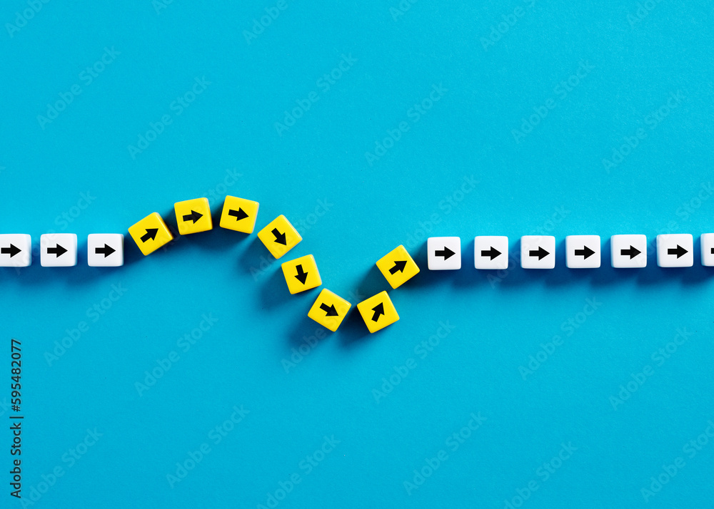 Poster flexibility and adaptation concept. arrows on cubes following a flexible path.