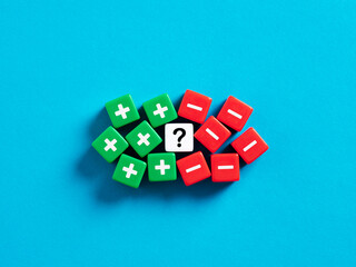Pros and cons concept. Evaluation or analysis of advantages and disadvantages. Possible profit and...
