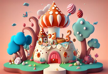Obraz na płótnie Canvas 3d kartoon style. birthday background with fairytale elements
