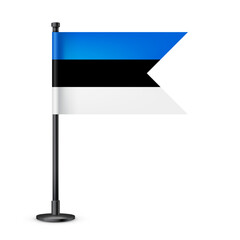 Realistic Estonian table flag on a black steel pole. Souvenir from Estonia. Desk flag made of paper or fabric and shiny metal stand. Mockup for promotion and advertising. Vector illustration