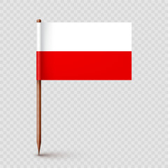 Polish toothpick flag. Souvenir from Poland. Wooden toothpick with paper flag. Location mark, map pointer. Blank mockup for advertising and promotions. Vector illustration