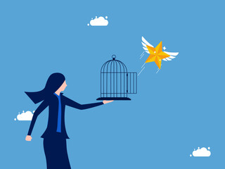 Businesswoman let the star fly out of the cage. emancipation and freedom vector - obrazy, fototapety, plakaty